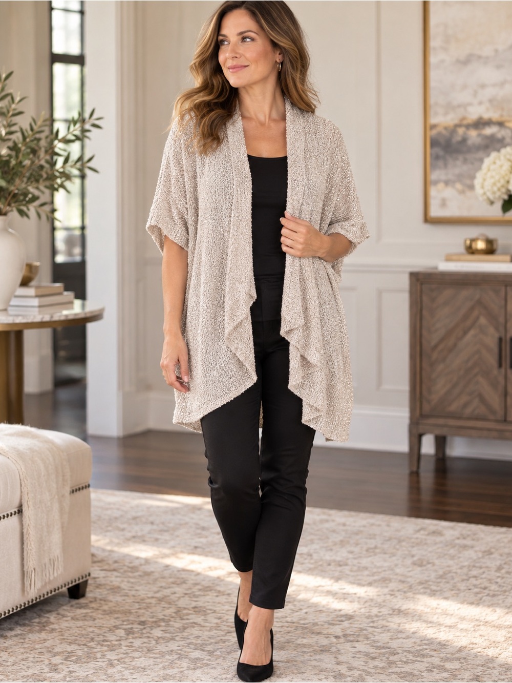 Chico’s Black Label Metallic Shimmer Draped Cardigan L/XL Open Front Topper